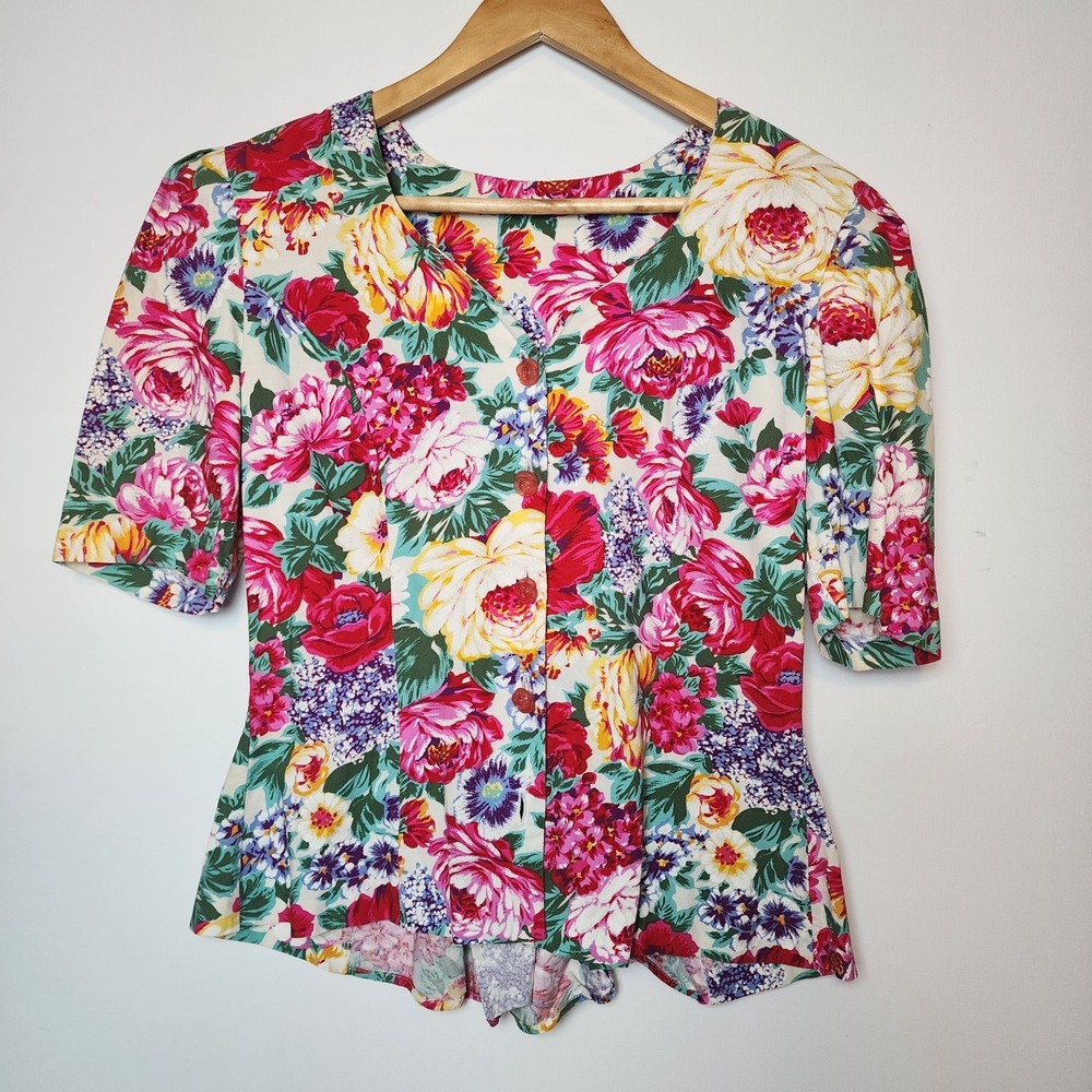 Vintage Floral Button Up Short Sleeve Blouse Pink Red Yellow Size 14 (M-L)
